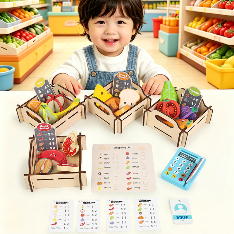 Toy Cash Register - Деревянный игровой набор для супермаркета, детская